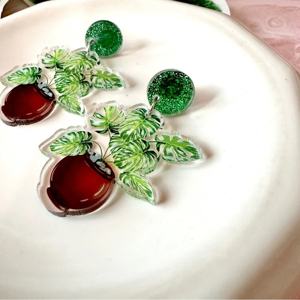 2/$30🌵 Monstera Leaf Potted Plant Earrings Acrylic Jewelry Plant Lady NEW